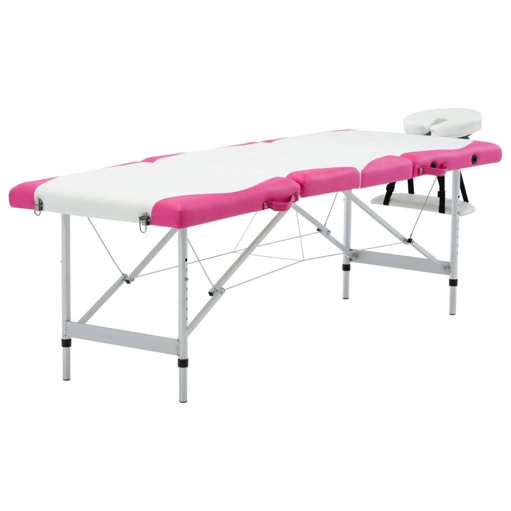 aphrophina Comfort with 4-Zone Foldable Massage Table, Adjustable Height, Padded Foam, Lightweight Aluminum Frame, White and Pink