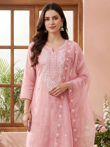 Image of INDO ERA Women's Cotton Blend Solid Straight Kurta with Pant & Dupatta Set