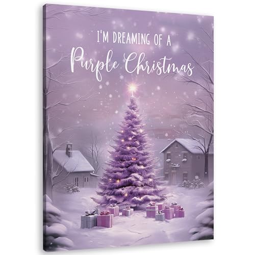 TLESKE Purple Christmas Tree Wall Art Decor 11x14, I'm Dreaming of a Purple Christmas Canvas Wall Art Print for Bedroom Kitchen Living Room, Winter Town Xmas Tree Wall Artwork Picture