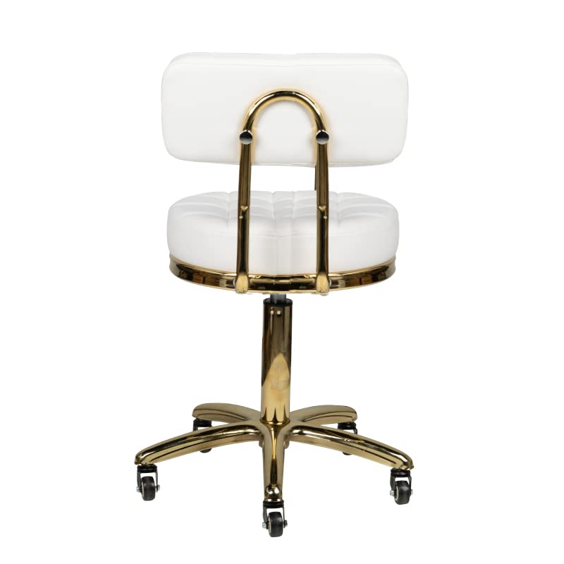 ACTIVESHOP Taburete cosmético con ruedas, altura regulable y respaldo blanco dorado AM-961