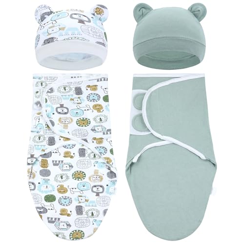 Image of Cinaci 2 Pieces Adjustable Soft Cotton Baby Swaddle Sleep Sacks Hats Newborn Nursery Caps Beanies Bonnets Swaddle Blanket Wraps for Baby Girls Boys Infants Newborns (2PCS S10)