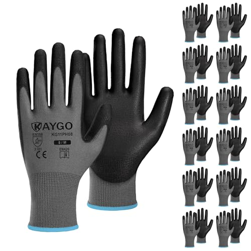 Image of KAYGO Safety Work Gloves for Men Women, PU Coated Palm & Fingers, KG11P | Smooth Grip, Breathable & Lightweight, 13-Gauge Seamless Knit, for Light Warehouse, Manufacturing, Gardening