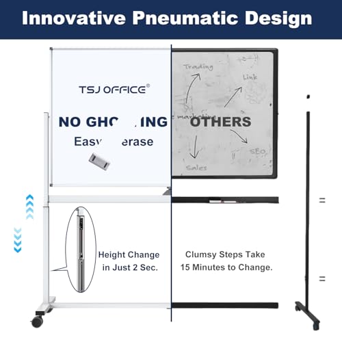 Image of Large Dry-Erase Rolling Magnetic Whiteboard - TSJ OFFICE 48 x 32 Inches Dry Erase Board with Stand Height Adjust Double Sides Mobile White Board Easel on Wheels Office, Home & Classroom