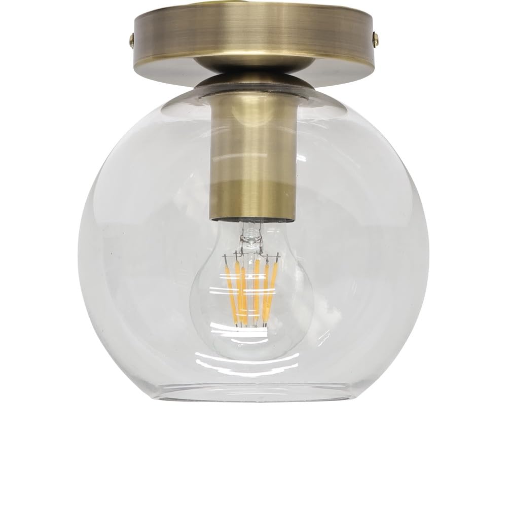 firstchoicelighting Clear Glass Globe Ceiling Light Flush Fitting with Antique Brass Detail, Modern Low Lighting