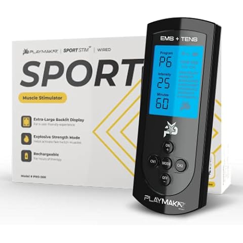 PlayMakar TENS Unit + Muscle Stimulation System | TENS for Pain Relief | Muscle Stimulation for Muscle Training and Recovery | 10 Pre-Set Programs | Backlit Display Cover