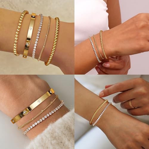 Fansilver Gold Bracelets for Women 14k Real Gold Bangle Cuff Bracelet Set Gold Plated Beaded Paperclip Cuban Chain Bracelet Cubic Zirconia Tennis Bracelet for Women Stack4