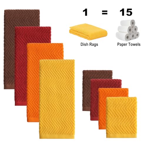 QAJ 100% Cotton Kitchen Towels and Dishcloths Set, Pack of 8 Super Absorbent Dish Towels for Kitchen, 16