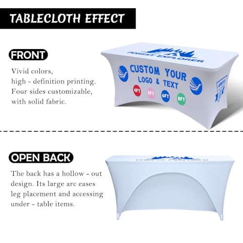Personalized Table Cloth with Logo Image Customized Tablecloth 4FT/5FT/6FT/8FT Spandex Customized Table Cover Promotional Business Tradeshow Events Birthday Party Wedding (6FT Spandex(Open back))