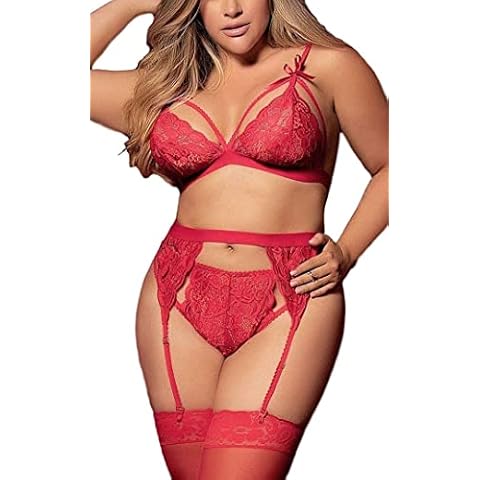 Women Plus Size Lingerie Set with Garter Belt 3 Piece Sexy Strap Bra and Panty Lace Bodysuit(Red,2XL,688w) Cover
