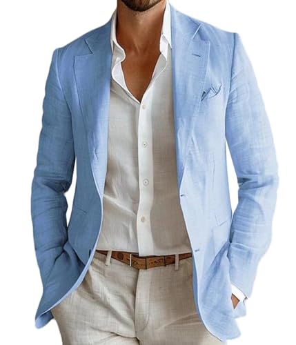 VENNYNG Men's Linen Blazer Beach Wedding Casual Sport Jacket Tailored Fit Solid Colored Single Breasted Two-Buttons2