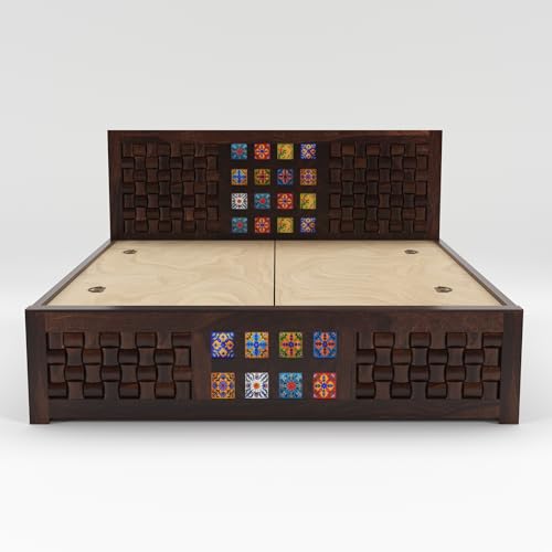 Image of Furniture Sheesham Wood King Size Bed with Storage Box | Wooden Box Bed King Size Double Cot Bed with Storage | Premium Niwar Tile Design Headboard Bed for Living Room | Walnut Finish