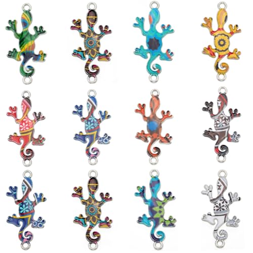 SUNNYCLUE 1 Box 30Pcs 12 Colors Gecko Charm Enamel Connector Charms Mini Metal Alloy Colorful Amphibian Animal Link Connectors with Double Hole for jewellery Making Charms Women DIY Necklaces Bracelet