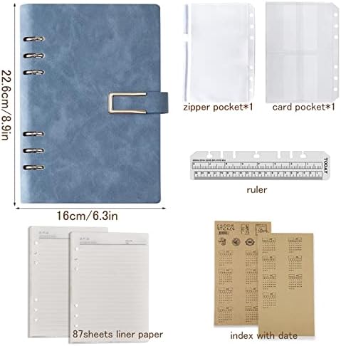 DY.2ten Refillable A5 Notebook Set with Cover - 6 Hole Loose Leaf PU Binder Cover + 87 Sheets (174 Pages) of Lined Paper + 1pcs A5 Zipper Binder Pockets + 1 pcs A5 3-Pockets Storing Bag