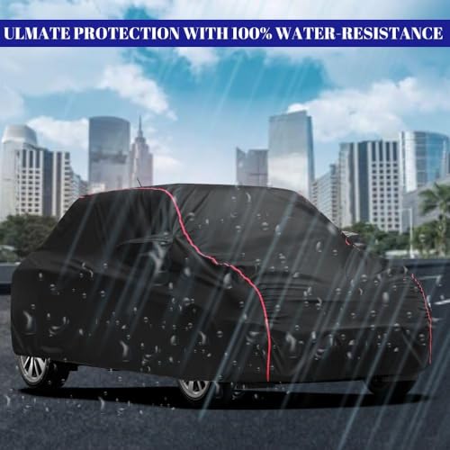 Image of Waterproof Car Cover for Maruti Suzuki Celerio | All-Weather Protection, Dustproof & UV Resistant | Triple Stitched Mirror Pockets, Windproof Buckle Strap with Elastic Hem, Black-Red Piping