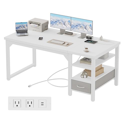 Image of Mericonia 54 inch Computer Desk with Drawer, 1.2 inch Thick Reversible Office Desk | Modern Writing Table with Power Outlets & Storage Shelves, Heavy Duty Industrial Executive Desk for Home Bedroom Study Work