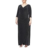Alex Evenings Women's Size Long 3/4 Sleeve Velvet Dress, Black/Silver Plus, 18W