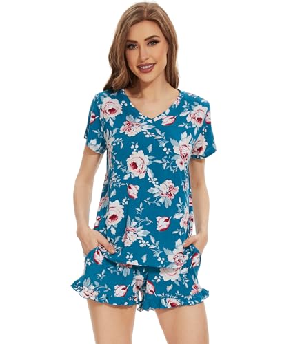 Image of WiWi Womens Pajamas Set Bamboo Viscose Super Soft Short Sleeve Top Ruffle Shorts Sleepwear Cooling Pj Sets S-XXL