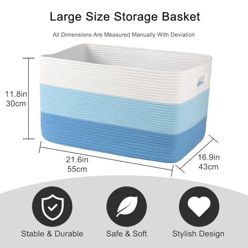Image of OIAHOMY Large Blanket Basket, 22 inchx17 inchx12 inch Rectangle Woven Baskets, Nursery Blanket Storage Living Room, Toy Storage With Handle, Large Baskets for Organizing-Gradient Light Blue