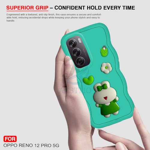 Image of AESTMO Back Case Cover for Oppo Reno 12 Pro 5G | 3D Cute Fun Cartoon Characters | Anti Slip Grip Cute Wave Curly Frame Shape | Full Body Protection Back Cover for Oppo Reno 12 Pro 5G|(Mint Green)
