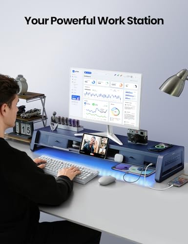 Image of Vaydeer All-in-One Dual Monitor Stand Riser with 2 Drawers, 8USB Ports and Wireless Charging Pad with LED Light Strip for 2 Monitors , Desk Organizer for PC, iMac (Metal, 39.3 inches)