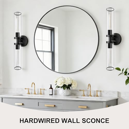 Image of Black Wall Sconces, Set of 2, 22'' Modern Vanity Lights Fixture for Bathroom with Clear Glass, Wall Sconces Lighting, for Living Room /Bathroom Hallway Mirror /Bedroom (Bulbs Not Included)
