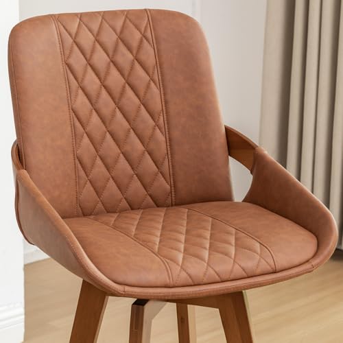 Image of Bar Stools Set of 2, 29.5 Inch Mid Century Modern Retro Swivel Bar Chairs, Furniture with Curved Back, Faux Leather Upholstered and Walnut Wood Frame for Bar /Pub /Island (Brown, 29.5 inch-2 PCS)