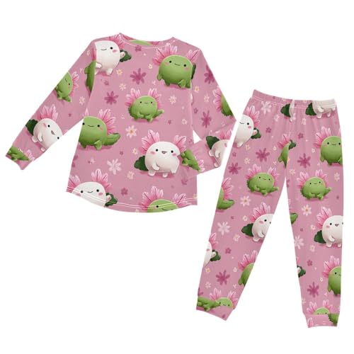 Cute Floral Axolotl Background Soft Pajama Set for All Seasons,Breathable Pjs Long Sleeve Sleepwear,Comfy Loungewear 2 Piece Underwear Set 5T2
