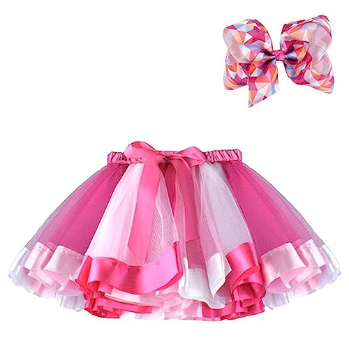 BGFKS Layered Ballet Tulle Rainbow Tutu Skirt for Little Girls Dress Up with Colorful Hair Bows (Hot Pink,2-4T)