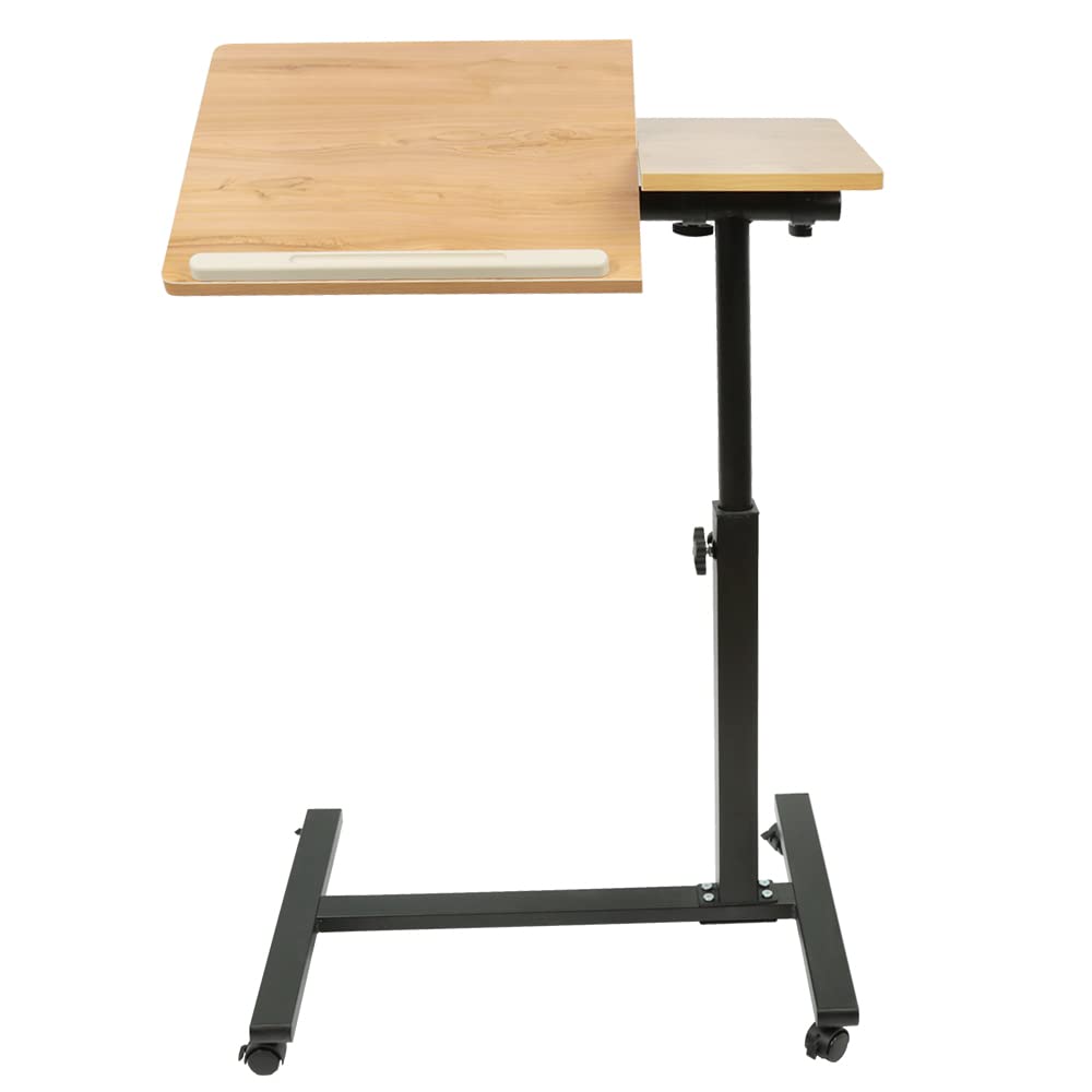 HUOLE Table d'appoint à roulettes, pour lit et canapé, Réglable en Hauteur, Plateau inclinable, Couleur Bois -60 * 34,5 * 58-90 cm (Couleur Bois)