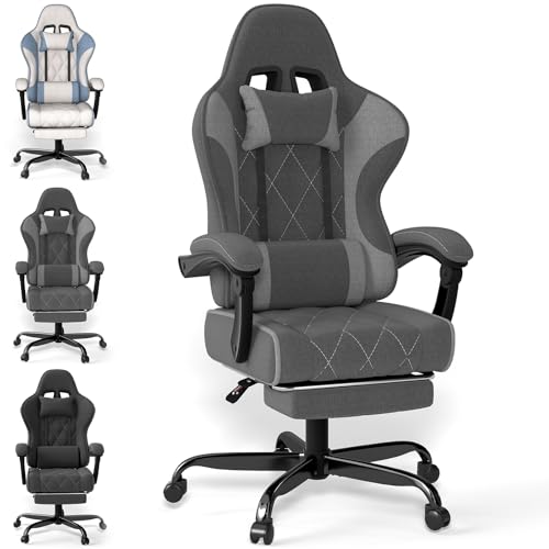 TRIUMPHKEY Silla Gaming LED de Tela, Silla de Juegos con Masaje Soporte Lumbar, Sillón Gaming con Reposacabezas, Slla Ergonómica con Reposapiés para Oficinas y Juego (Gris Claro)