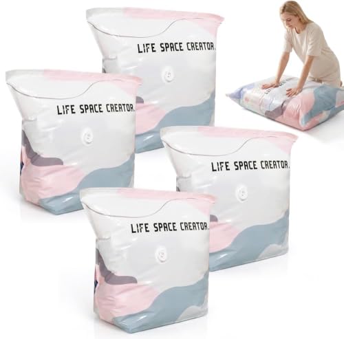 4PCS No Pump 3D Vacuum Storage Bags Press and Seal Compression Bags Reusable Large Vacuum Storage Bags Vacuum Pack Bags for Clothes Duvets Bedding Travel and Home Organisation