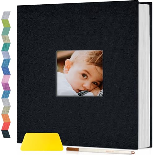 Popotop Photo Album Self Adhesive with Picture Display Window,60 Pages DIY Scrapbooking Supplies Kit for 4x6 10x12 Picture,Linen Cover Memory Book for Baby Wedding, with Scraper and Metallic Pen