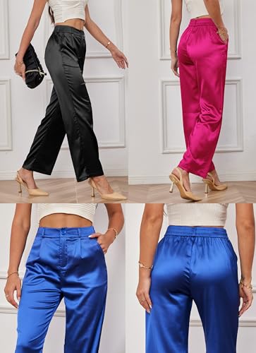 Women's Sequin Sparkly Glitter High Waist Wide Leg Silky Satin Pants Night Out Party Clubwear Trousers2
