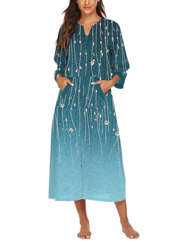 Image of Ekouaer Women Zipper Robe 3 /4 Sleeves Loungewear Dress Full Length Sleepwear Pockets Housecoat Nightgown Long Bathrobe