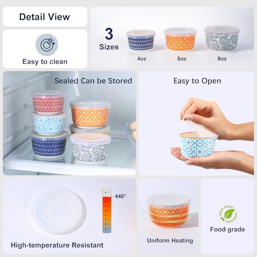 Selamica 6 oz Ramekins with Lids Oven Safe, Creme Brulee Ramekins Souffle Dishes with Covers, Pudding Custard Cups Stackable Ceramic Mini Ramekin Bowls Set for Baking, Dipping, Set of 6, Assorted Colors - Image 5