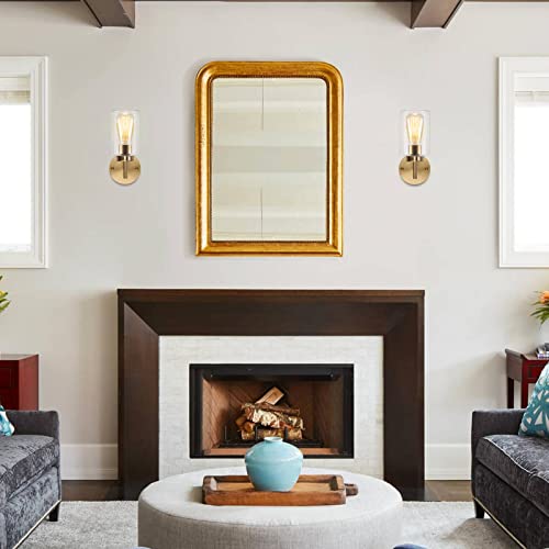 Image of Gold Wall Sconces Set of Two, Brass Gold Vanity Lights for Bathroom, Rustic 1 Light Wall Light Fixtures, Farmhouse Industrial Wall Lamp with Glass Shade for Living Room Bedroom Entry Hallway Foyer