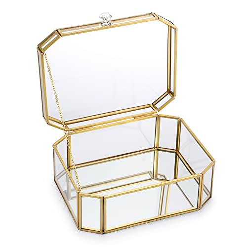 SUMTree Schmuckschatulle aus Gold glas achteckig klein Schmuckbox Schmuckhalter Schmuckholder Schreibtisch Organizer für Schmuck Ring von Damen Geschenk für Hochzeite Geburtstag 15x 15 x 7 cm Cover