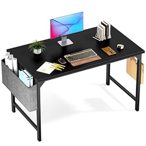 OLIXIS Computer Desk Home Office 48 Inch Writing Study Work Desk with Storage Bag, Headphone Hooks, Large Simple Modern Wood Kids Student PC Table – Black
