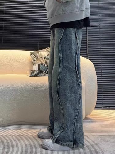 Men's Jeans Spring Summer American Retro Patchwork Denim Wide Leg Long Pants for Men4