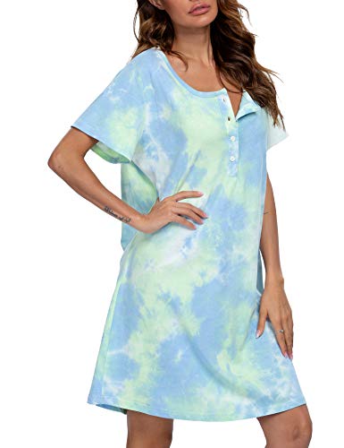 Image of ENJOYNIGHT Womens Short Sleeve Nightgown Tie Dye Nightshirt Nursing Sleepshirts Breastfeeding Sleep Dress