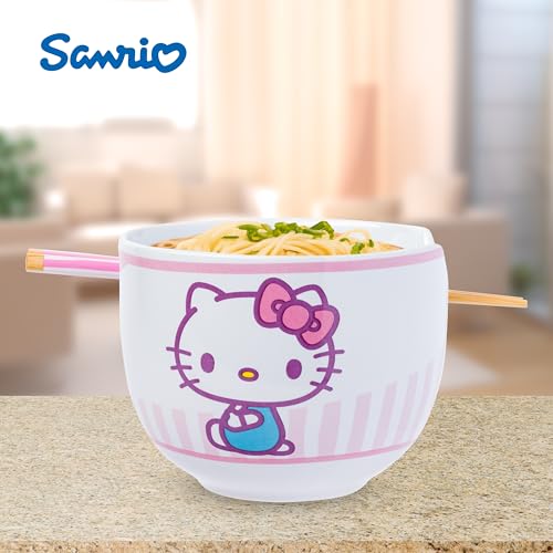 Image of Silver Buffalo Sanrio Hello Kitty Stripes, Ramen Bowl with Chopsticks, 20oz