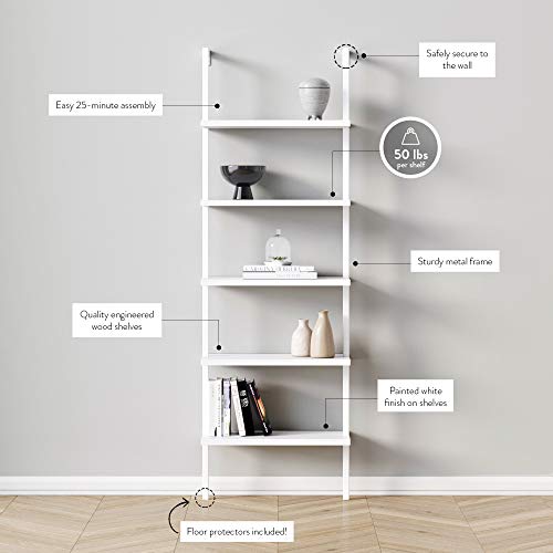 image for Nathan James 65506 Theo 5-Shelf White Modern Bookcase, Open Wall Mount