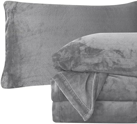 Elegant Comfort Luxuriously Soft 4-Piece Velvet Plush Flannel Sheet Set - Premium Quality - Cozy Warm, Anti-Static, Non Pilling Fuzzy Velvet Flannel Fleece Deep Pocket Sheet Set - Queen, Gray - Thumbnail 5