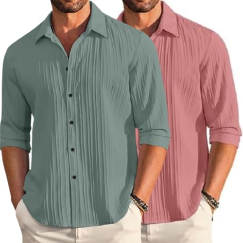 Image of FINIVO FASHION Men's Cotton Blend Shirt Set Lightweight, Full Sleeves, Plain Texture, Button Closure, Summer Ready (Pack of 2)