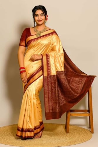 Image of NEW COLLECTION Women's Odisha Handloom Sambalpuri Pata Saree Temple Border Pasapalli Bomkai Buti Boyanika Design Saree Banarasi Soft Papa Silk Simple Ethnic Orissa Sari with Blouse Piece