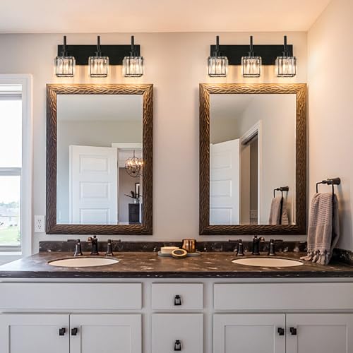 Image of Black Bathroom Vanity Light, 3-Lights Crystal Bathroom Lights Over Mirror, Modern Wall Light Fixtures with Crystal Square Shade