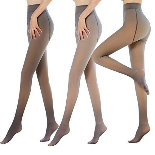 2 Pairs Flawless Legs Fake Translucent Warm Fleece Pantyhose for Women, Cotton Fleece Lined Tights Stirrup Pantyhose Trample Warm Pants (Gray+Black,85g)