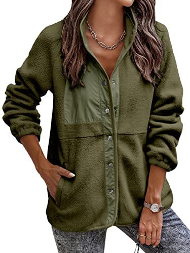 Ecowish Women Fleece Jackets Button Down Coat Long Sleeve Sherpa Fuzzy Outwear With Pockets Army Green X-Large #TOP9