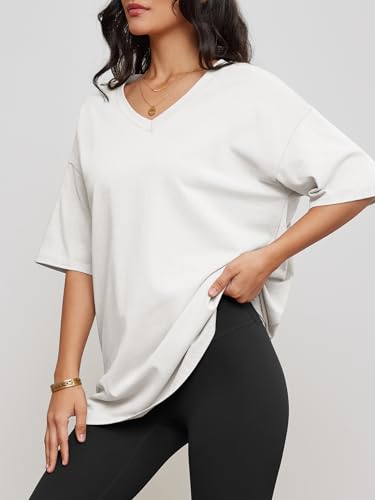 Image of ATHMILE Womens Oversized Shirts V Neck Plus Size Spring Workout Summer Tops Beach Vacation 2026 Gym Clothes Basic Tee