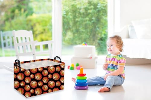Image of Rectangular Basketball Basket,Easter Basket.Cute Baskets for Room Decor, Kids Baskets with Handles.Books Bins,Gifts Box. (Balck basketball)
